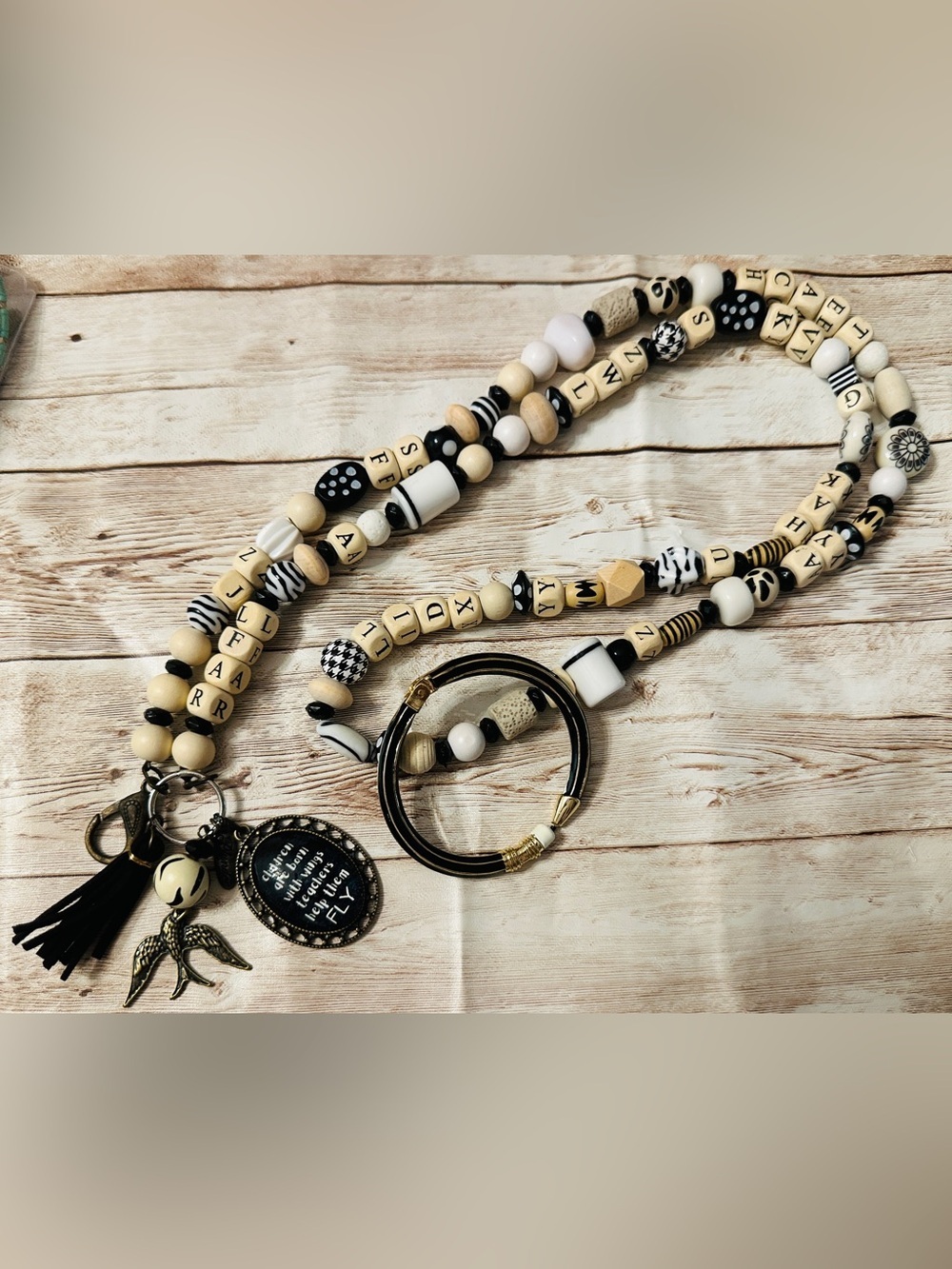 Teacher inspirational Black & Cream Beaded Lanyard & keychain charm/bracelet set